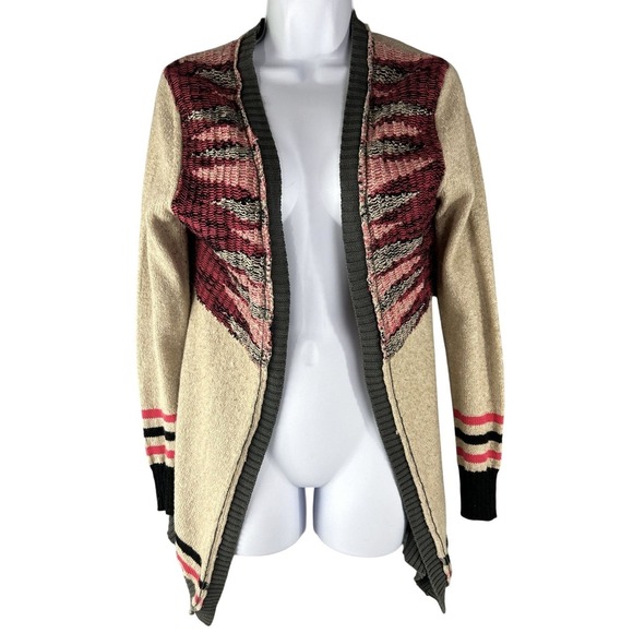 BKE Sweaters - BKE Open Front Cardigan Sweater Beige Pink Geometric Knit Women's Size S